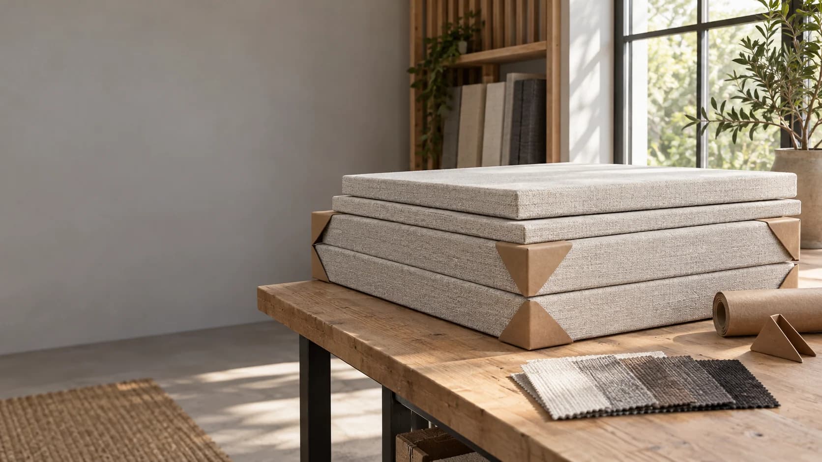 Farklı kalınlıklarda kumaş panel örnekleri, renk numuneleri ve paketleme koruyucuları