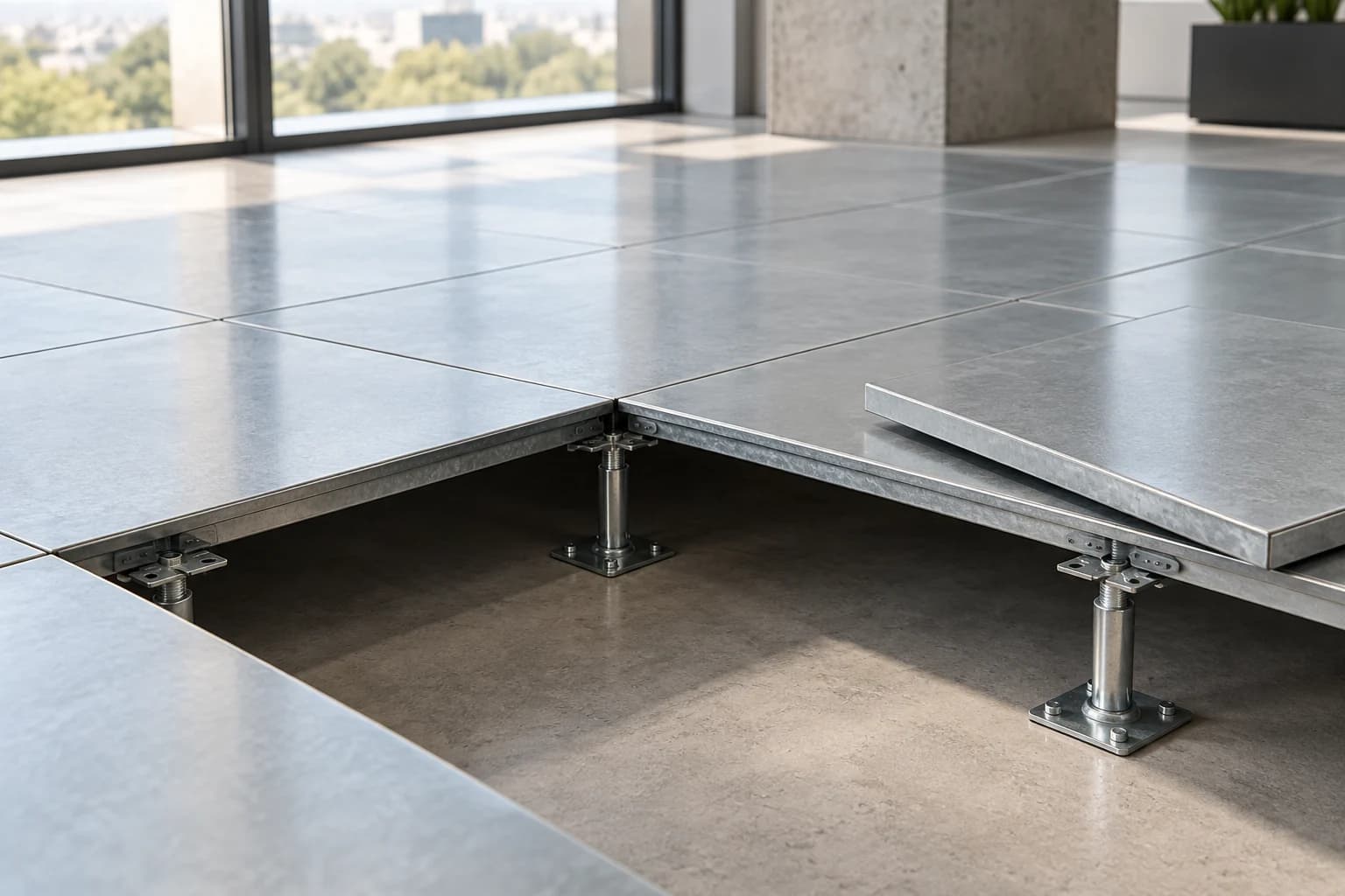 Galvanize yüzeyli yükseltilmiş döşeme panellerinin birleşimi