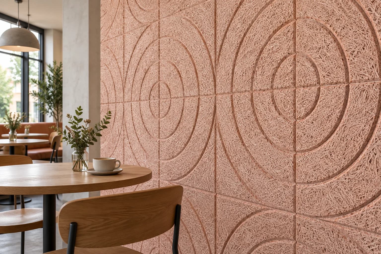 Pembe tonlarda desenli ahşap yünü panellerle düzenlenmiş kafe duvarı
